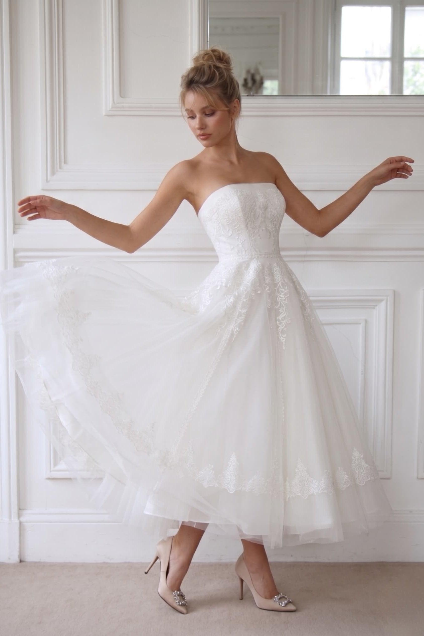 A-Line Ankle Length Tulle Wedding Dress CW2392