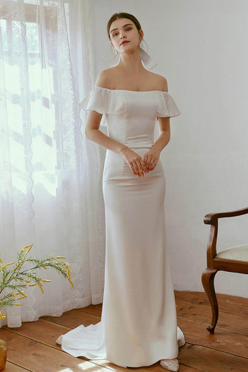 Sheath-Column Sweep-Brush Train Satin Wedding Dress CW2667