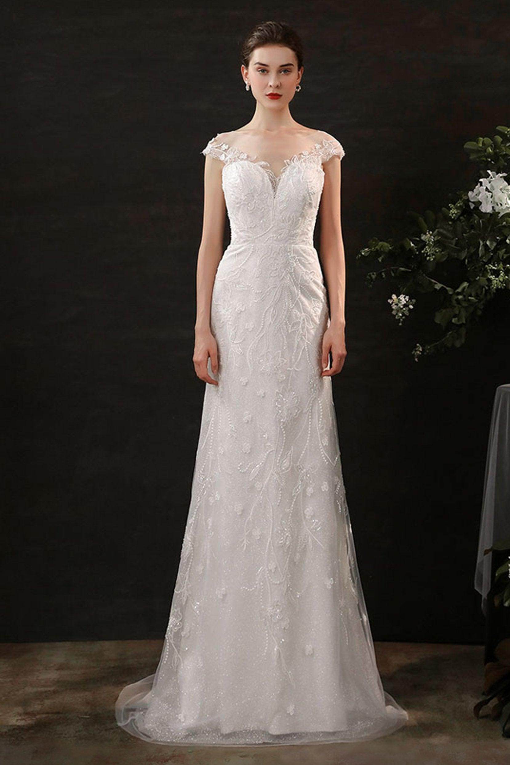Sheath Sweep-Brush Train Lace Tulle Wedding Dress CW2700