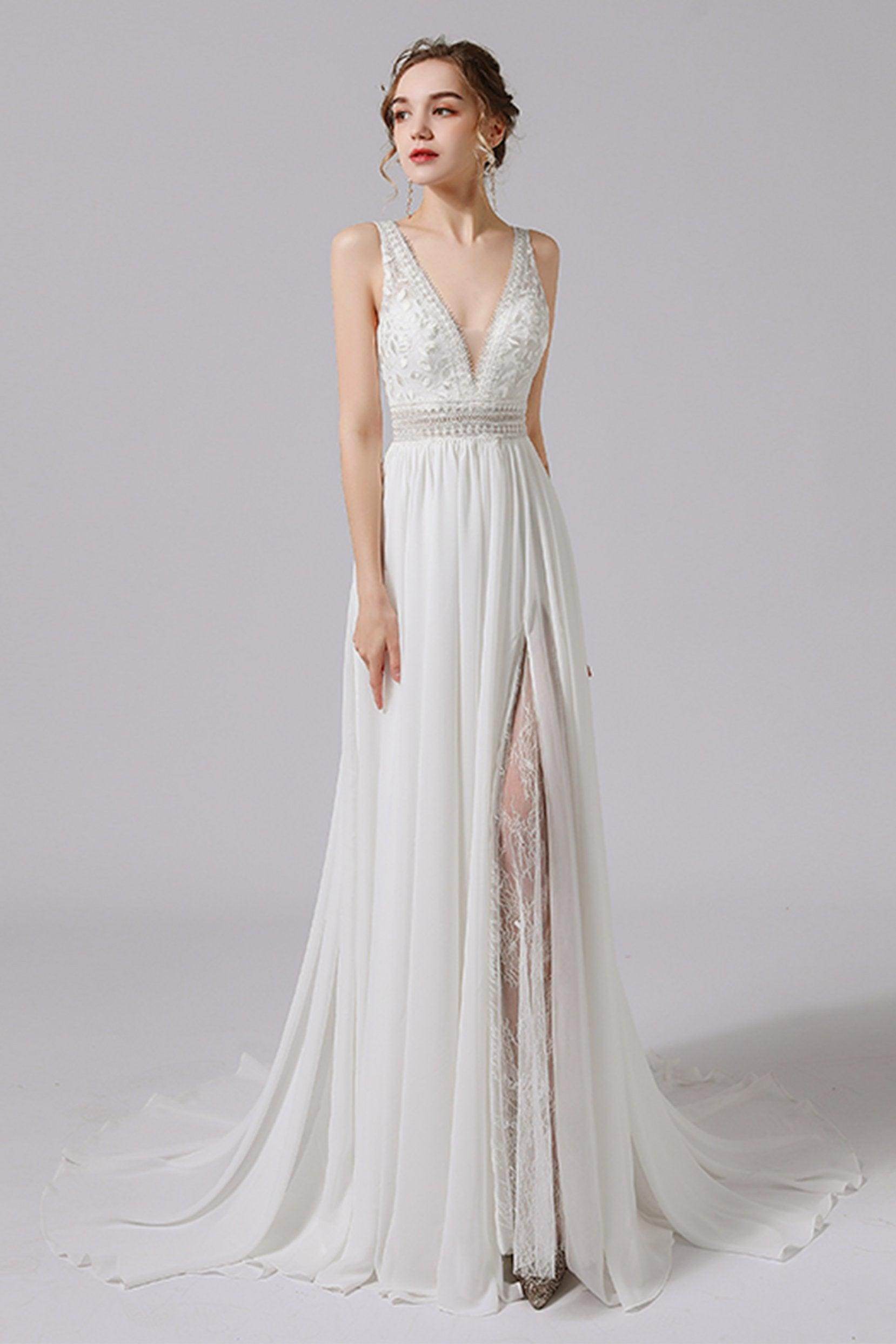 A-Line Sweep-Brush Train Lace Tulle Wedding Dress CW2705