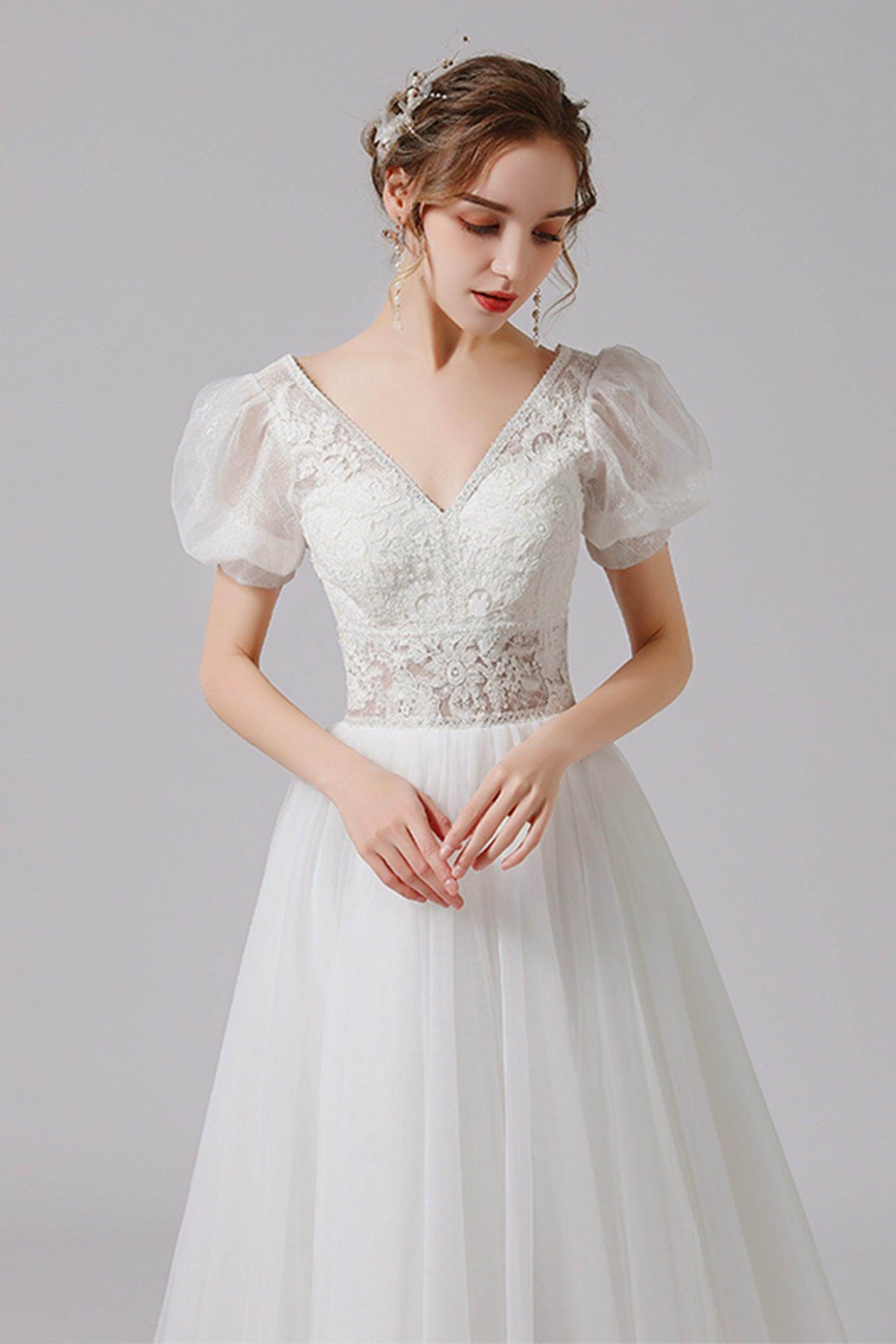 A-Line Floor Length Lace Tulle Wedding Dress CW2707