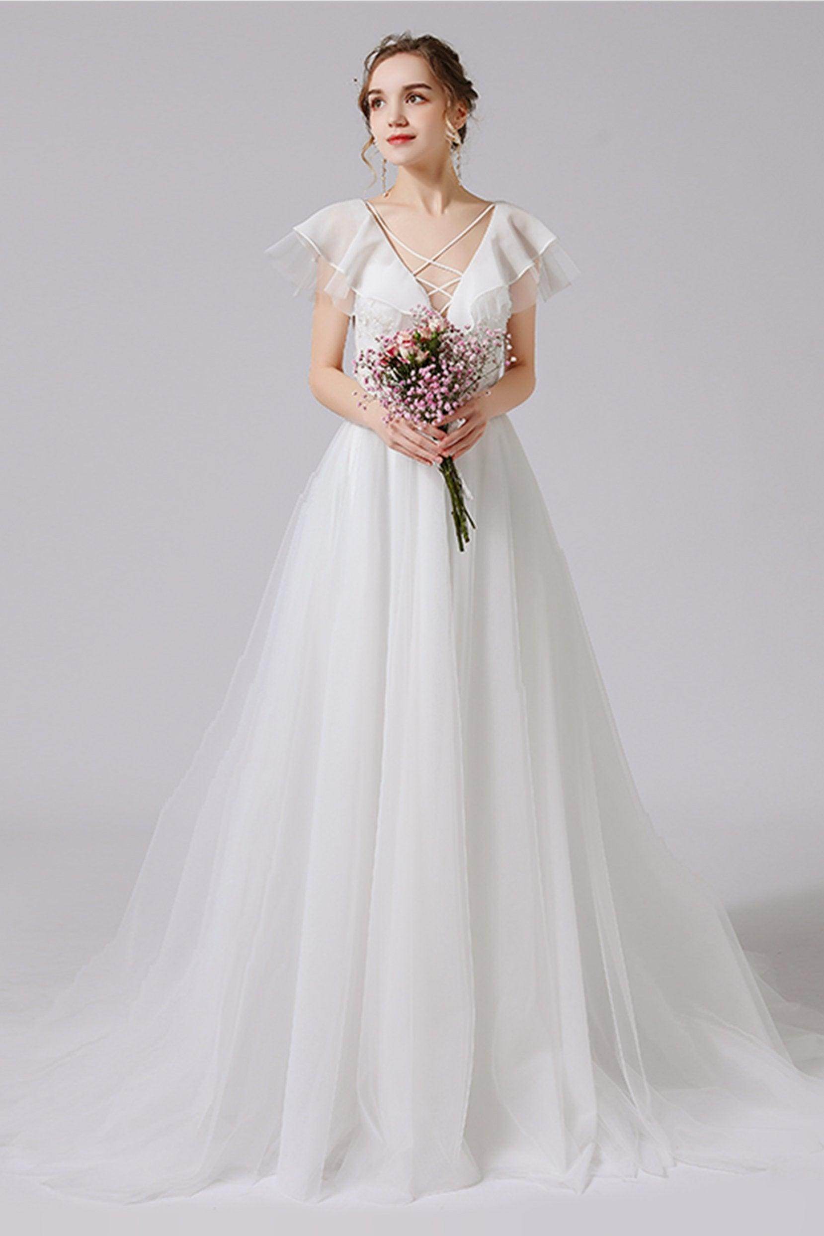 A-Line Sweep-Brush Train Lace Tulle Wedding Dress CW2710