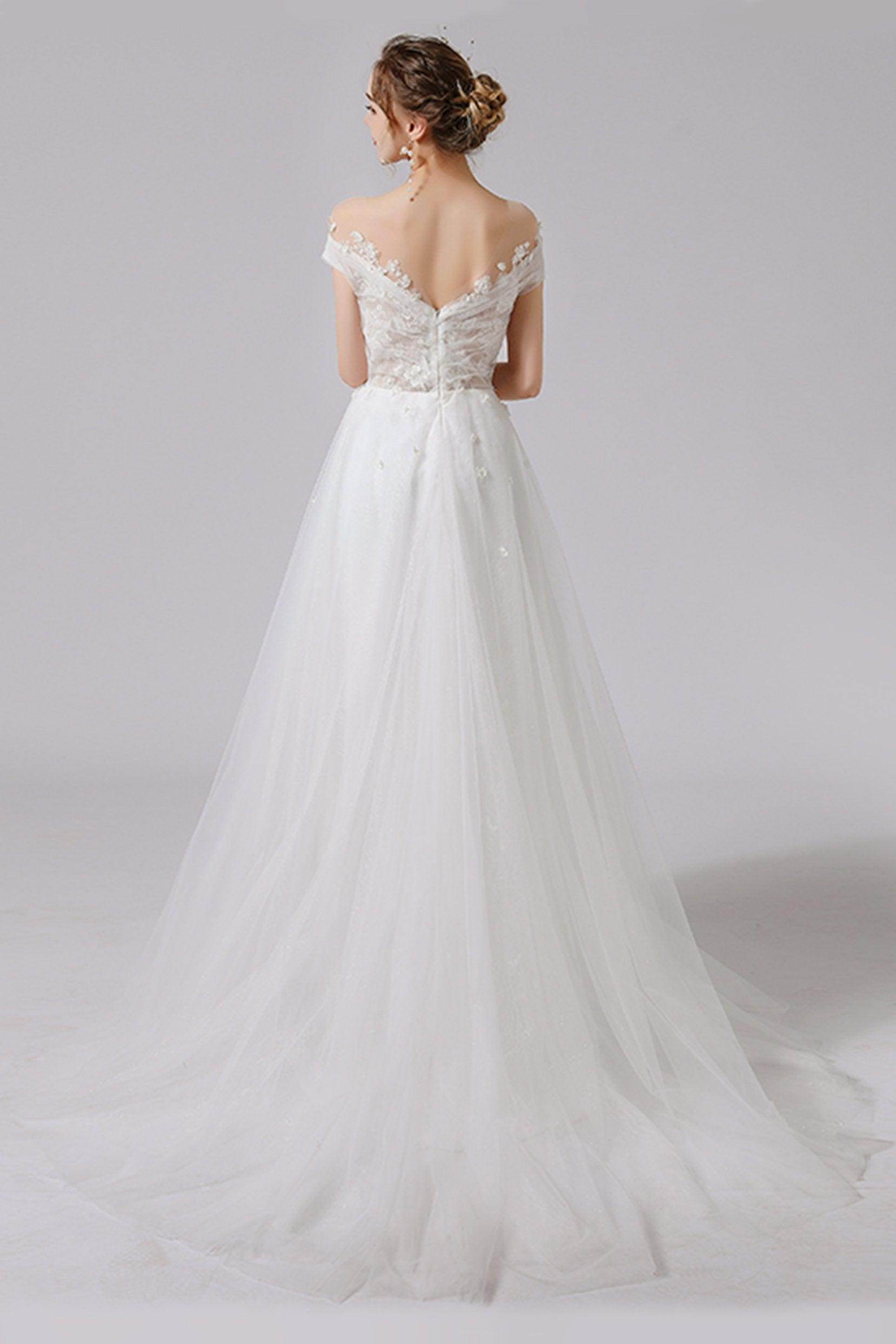 A-Line Sweep-Brush Train Lace Tulle Wedding Dress CW2711
