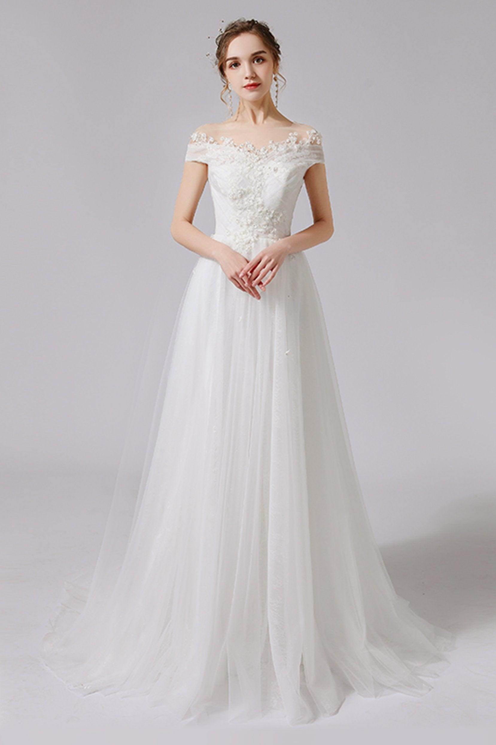 A-Line Sweep-Brush Train Lace Tulle Wedding Dress CW2711