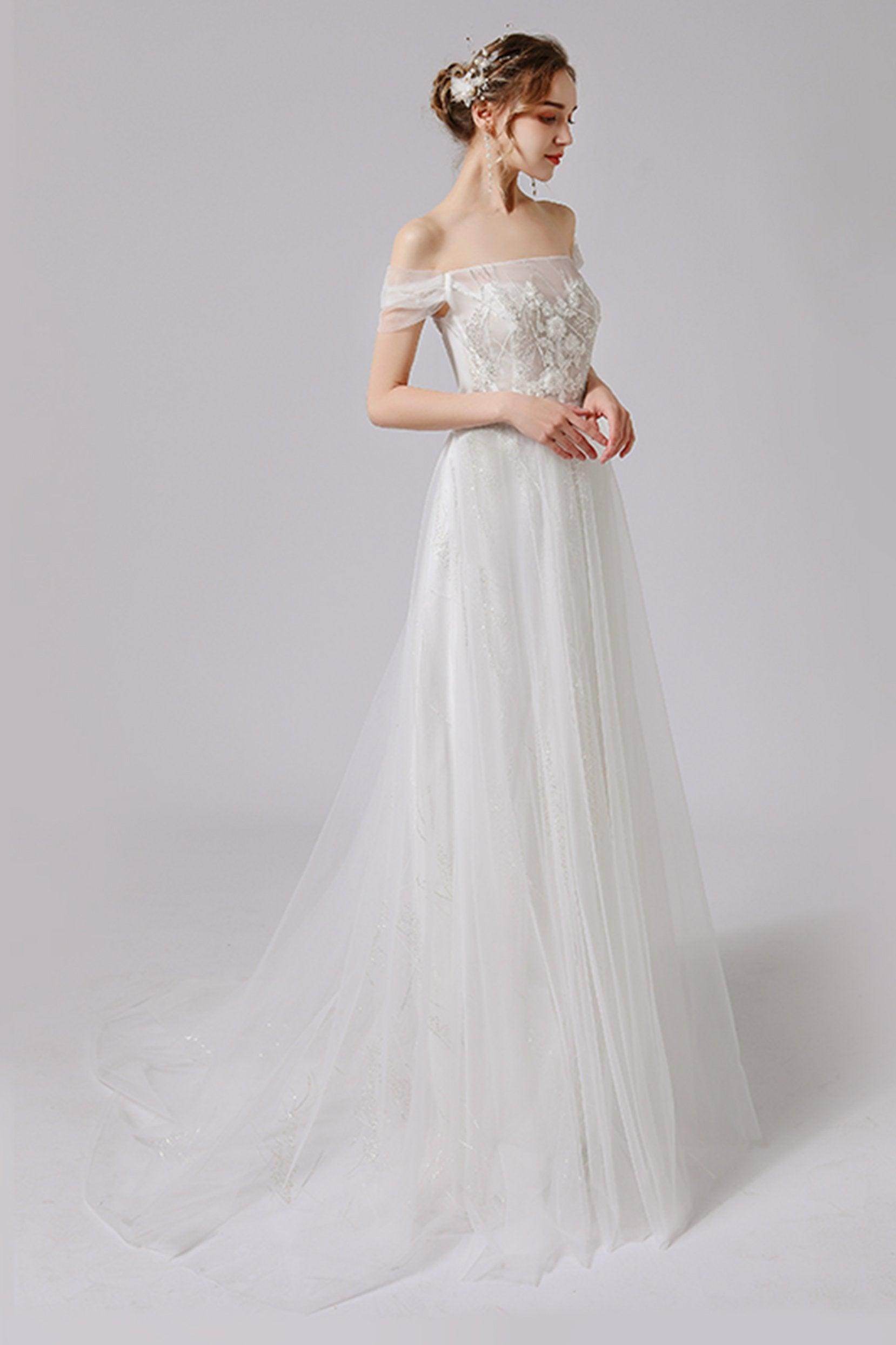 A-Line Sweep-Brush Train Lace Tulle Wedding Dress CW2716