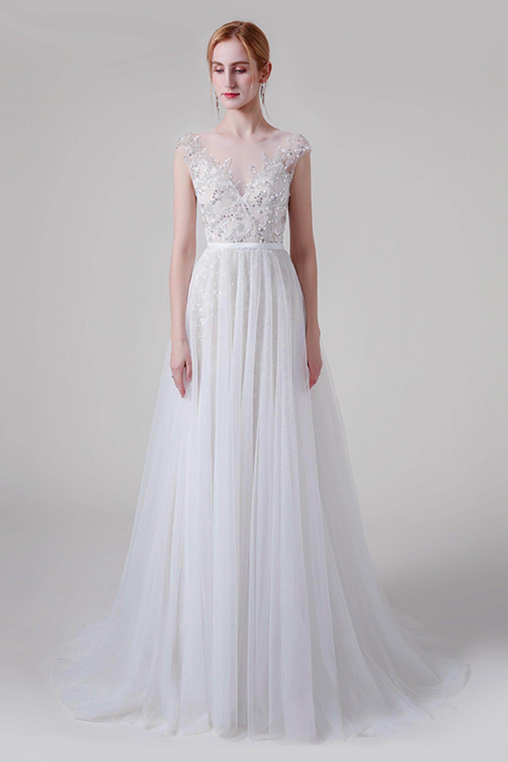 A-Line Sweep-Brush Train Lace Tulle Wedding Dress CW2739