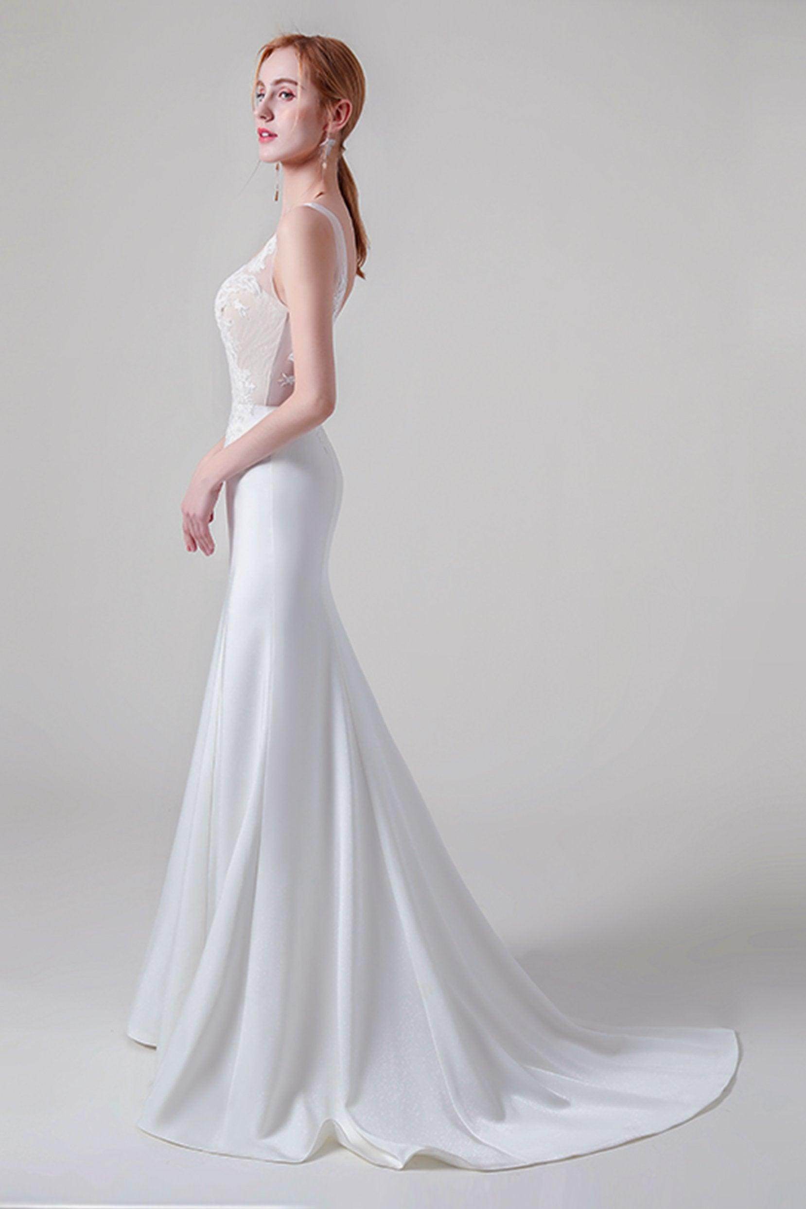 Trumpet Sweep-Brush Train Lace Elastic Cloth Wedding Dress CW2745
