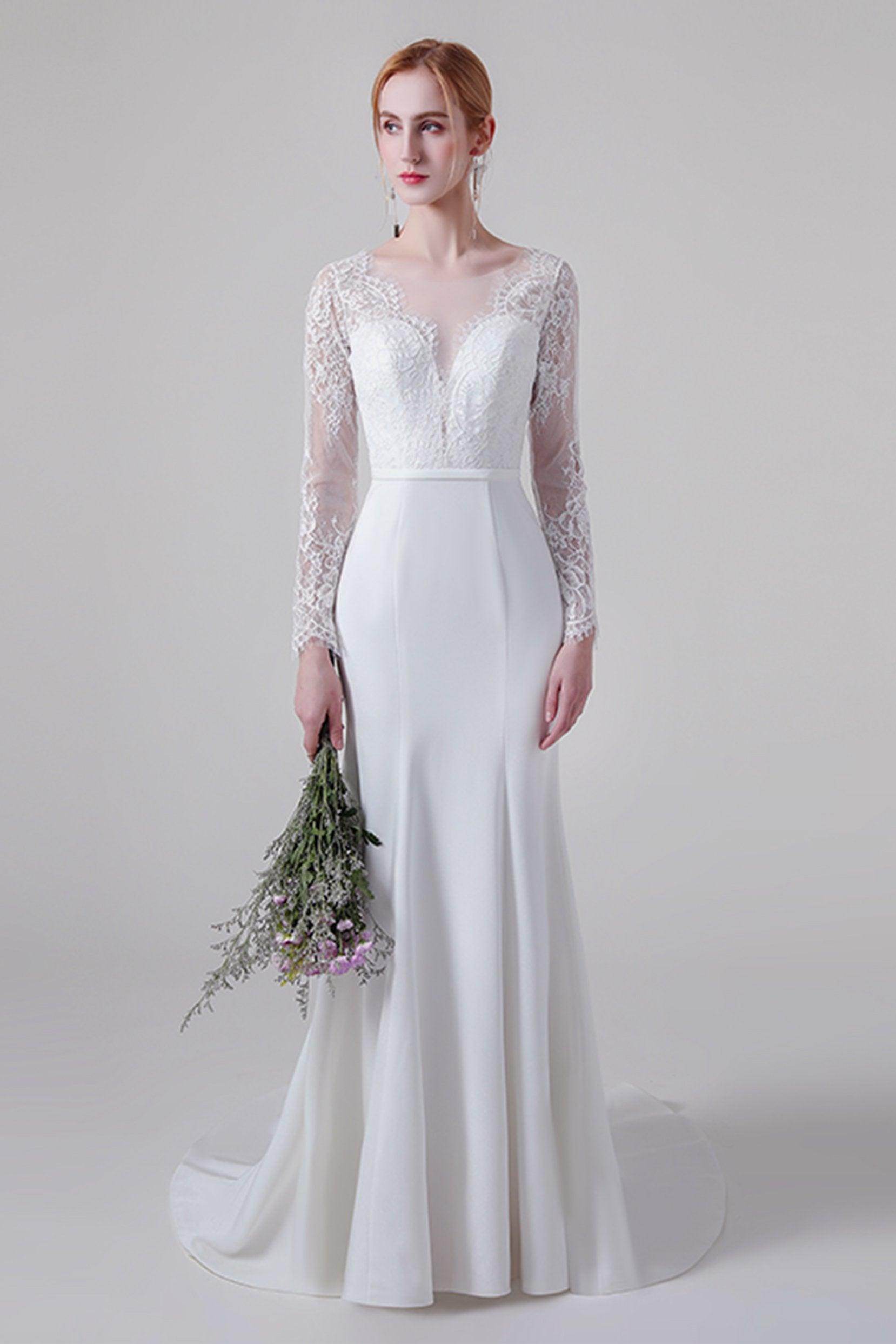 Trumpet Sweep-Brush Train Lace Elastic Cloth Wedding Dress CW2746