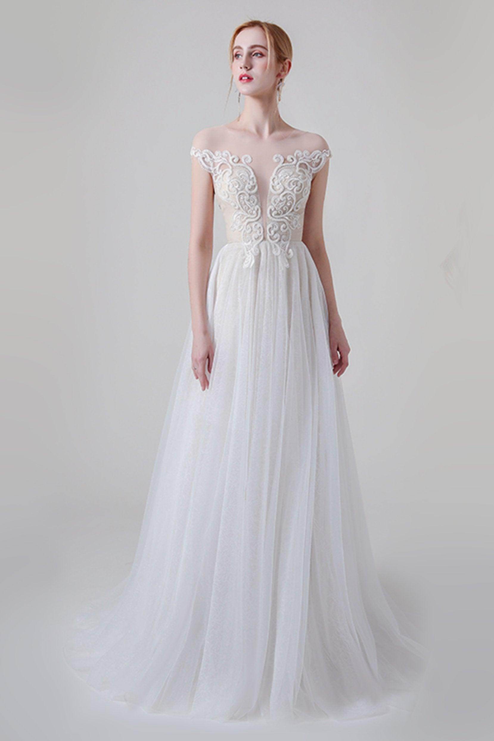 A-Line Sweep-Brush Train Lace Tulle Wedding Dress CW2748