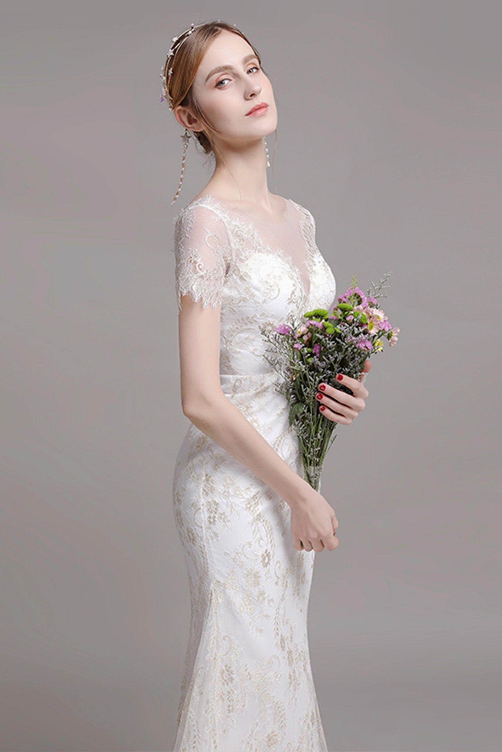 Sheath-Column Floor Length Lace Wedding Dress CW2766