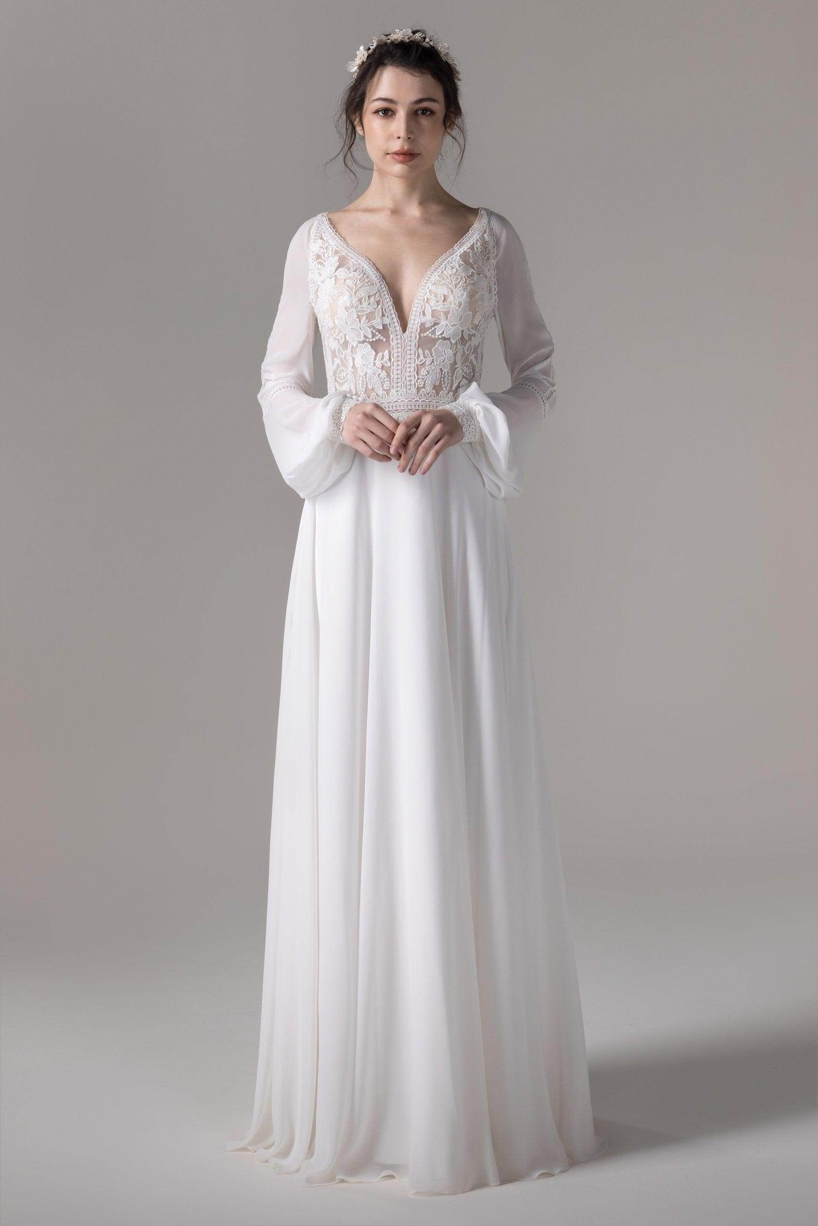 A-Line Floor Length Lace Chiffon Wedding Dress CW2778