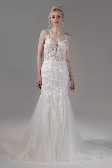 Trumpet-Mermaid Court Train Lace Tulle Wedding Dress CW2797
