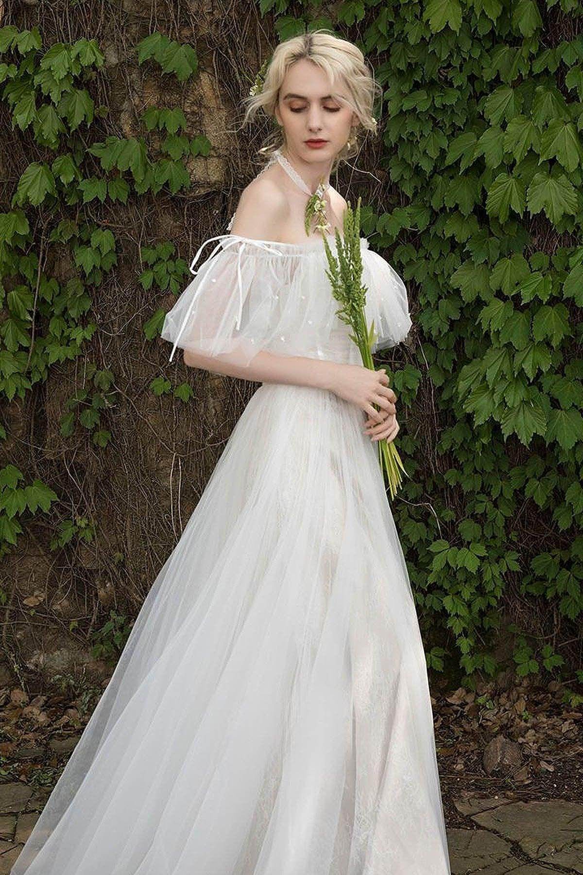 A-Line Sweep-Brush Train Tulle Wedding Dress CW3015