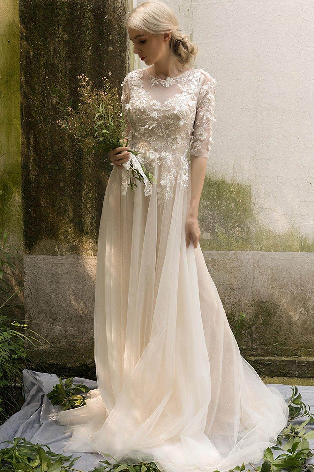 A-Line Sweep-Brush Train Tulle Wedding Dress CW3019