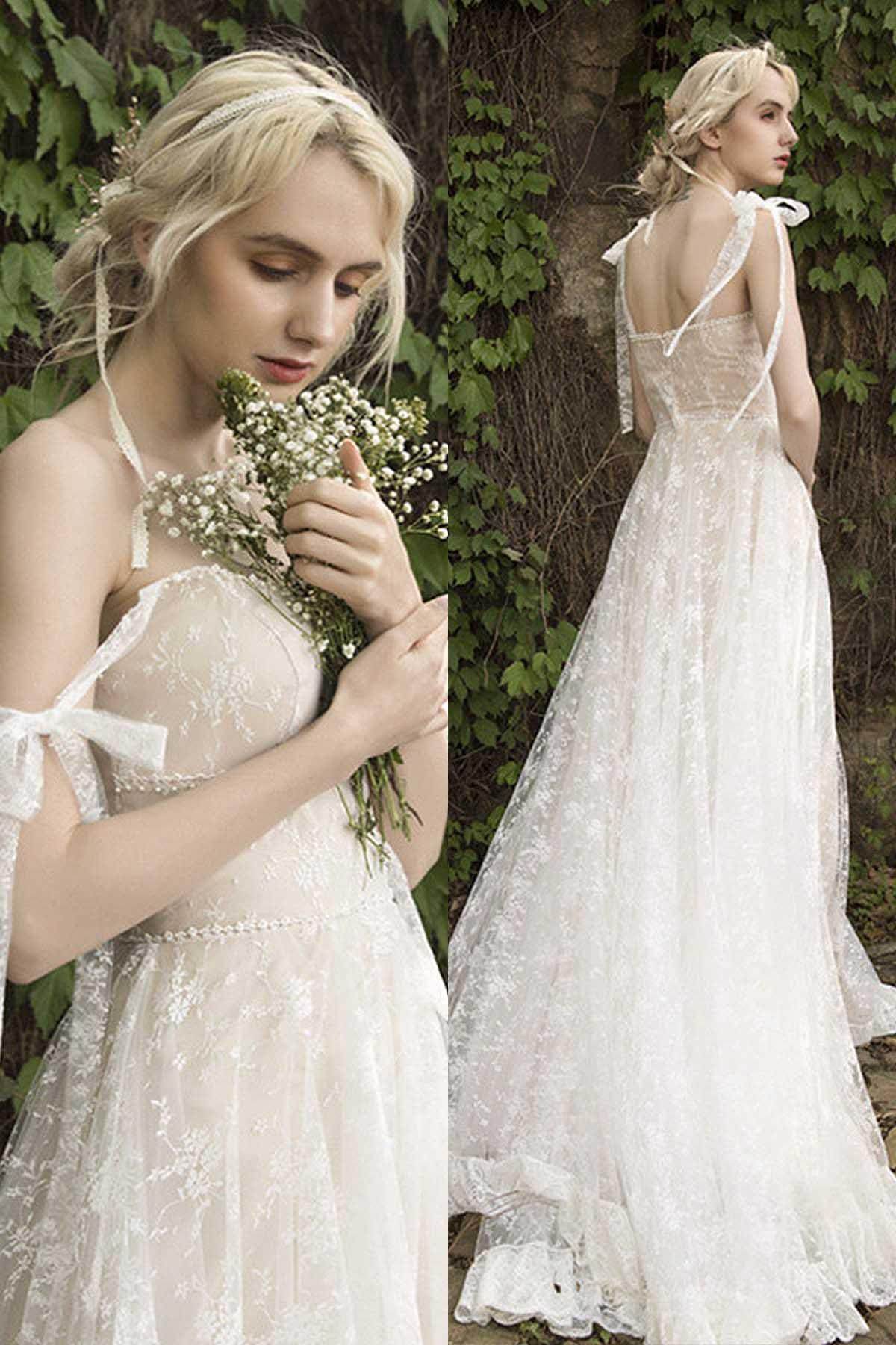 A-Line Sweep-Brush Train Lace Wedding Dress CW3023