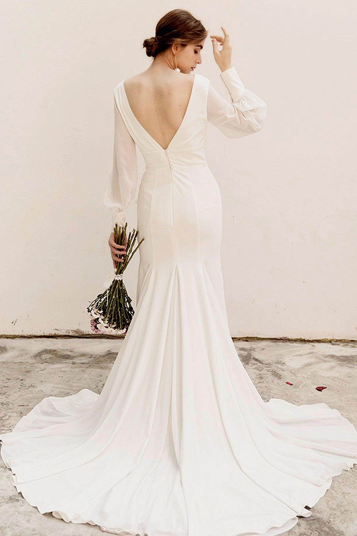 Sweep-Brush Train Satin Chiffon Wedding Dress CW3038