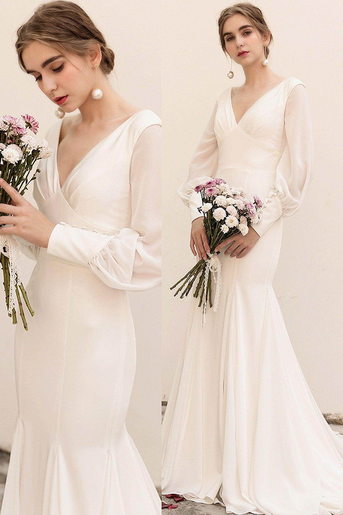 Sweep-Brush Train Satin Chiffon Wedding Dress CW3038