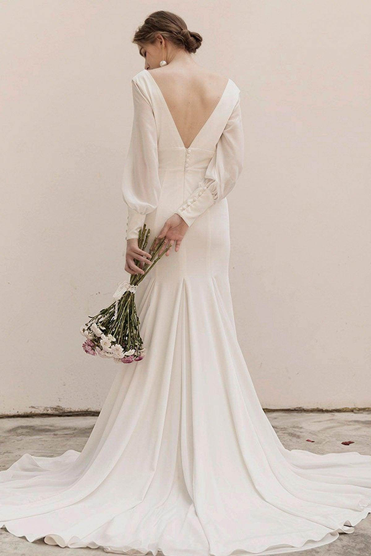 Sweep-Brush Train Satin Chiffon Wedding Dress CW3038