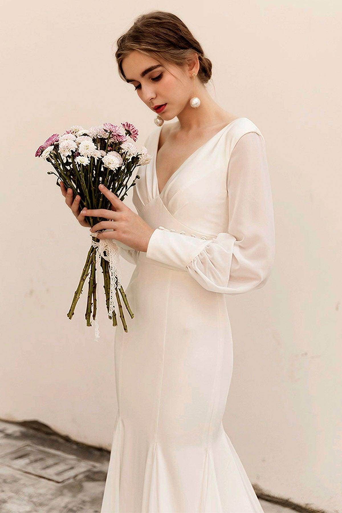 Sweep-Brush Train Satin Chiffon Wedding Dress CW3038