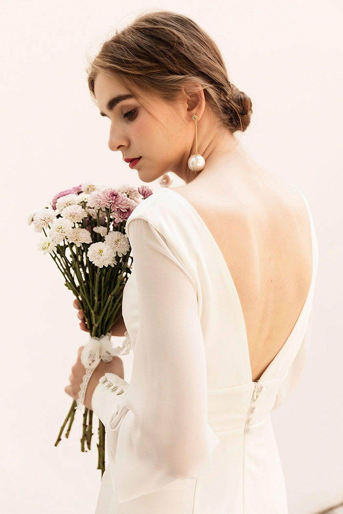 Sweep-Brush Train Satin Chiffon Wedding Dress CW3038