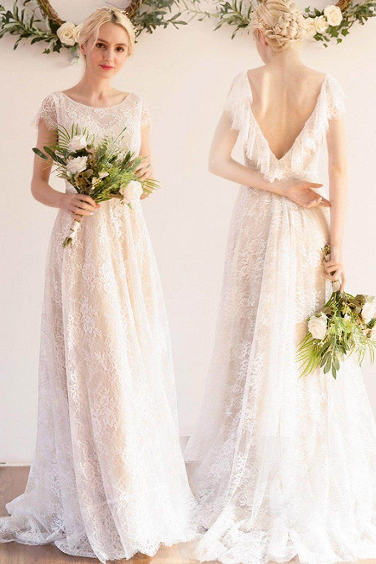 A-Line Sweep-Brush Train Lace Wedding Dress CW3043