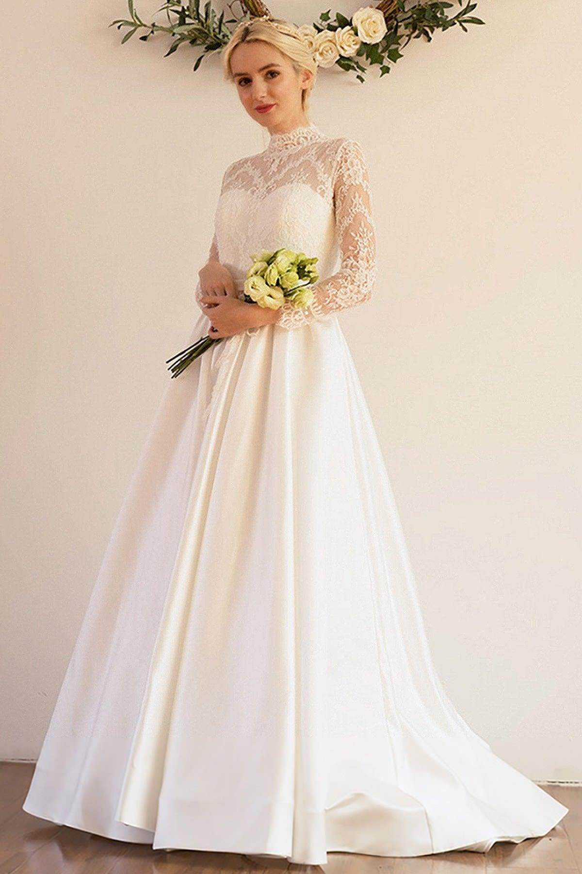 A-Line Sweep-Brush Train Lace Satin Wedding Dress CW3044
