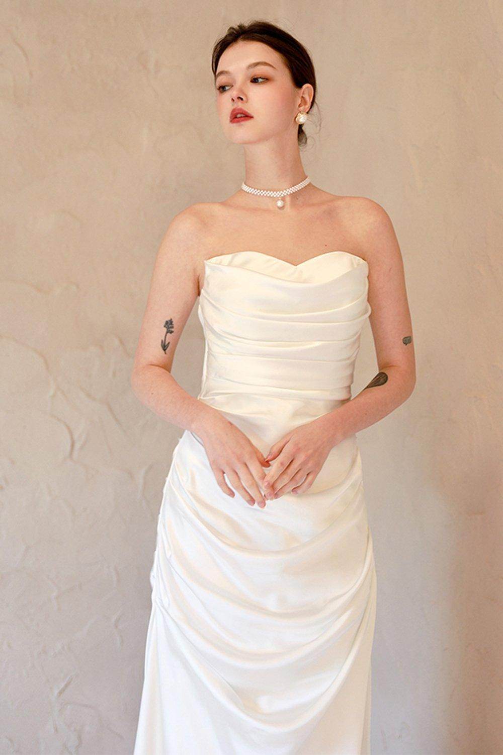 Sheath-Column Sweep-Brush Train Satin Wedding Dress CW3067