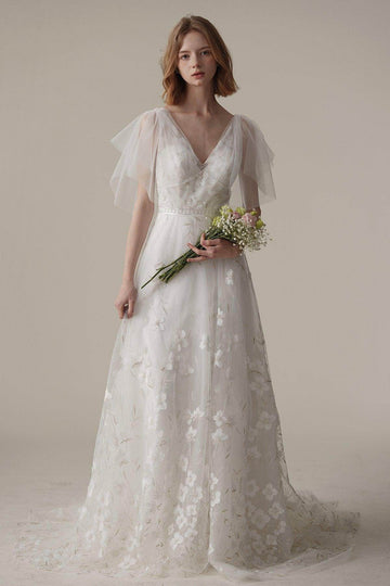 A-Line Sweep-Brush Train Lace Tulle Wedding Dress CW3085