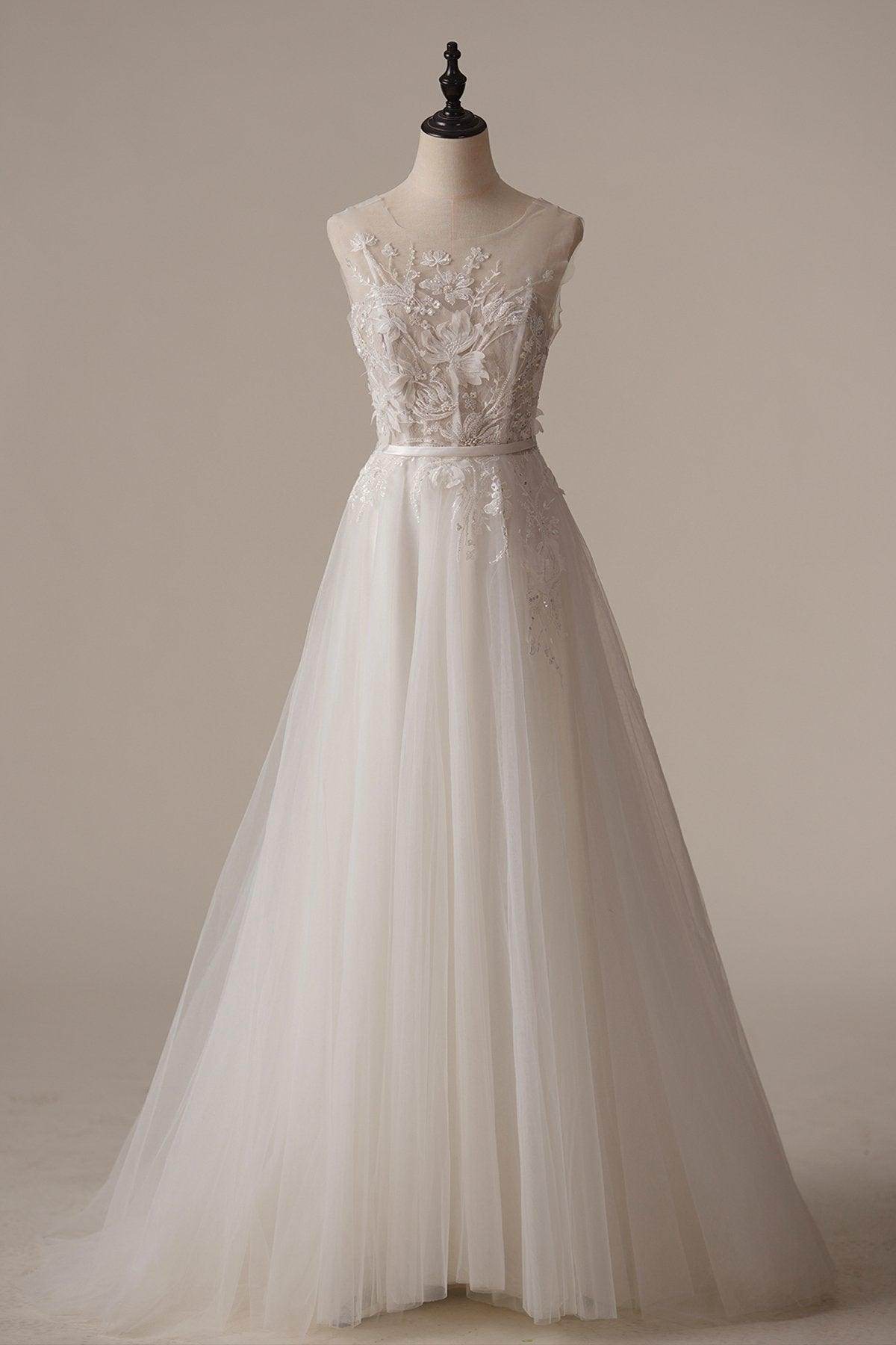 A-Line Sweep-Brush Train Lace Tulle Wedding Dress CW3090