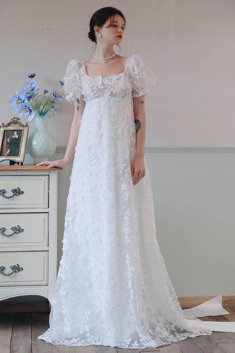 A-Line Sweep-Brush Train Lace Satin Wedding Dress CW3095