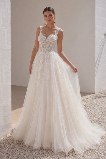 A-Line Sweep-Brush Train Lace Tulle Wedding Dress CW3101