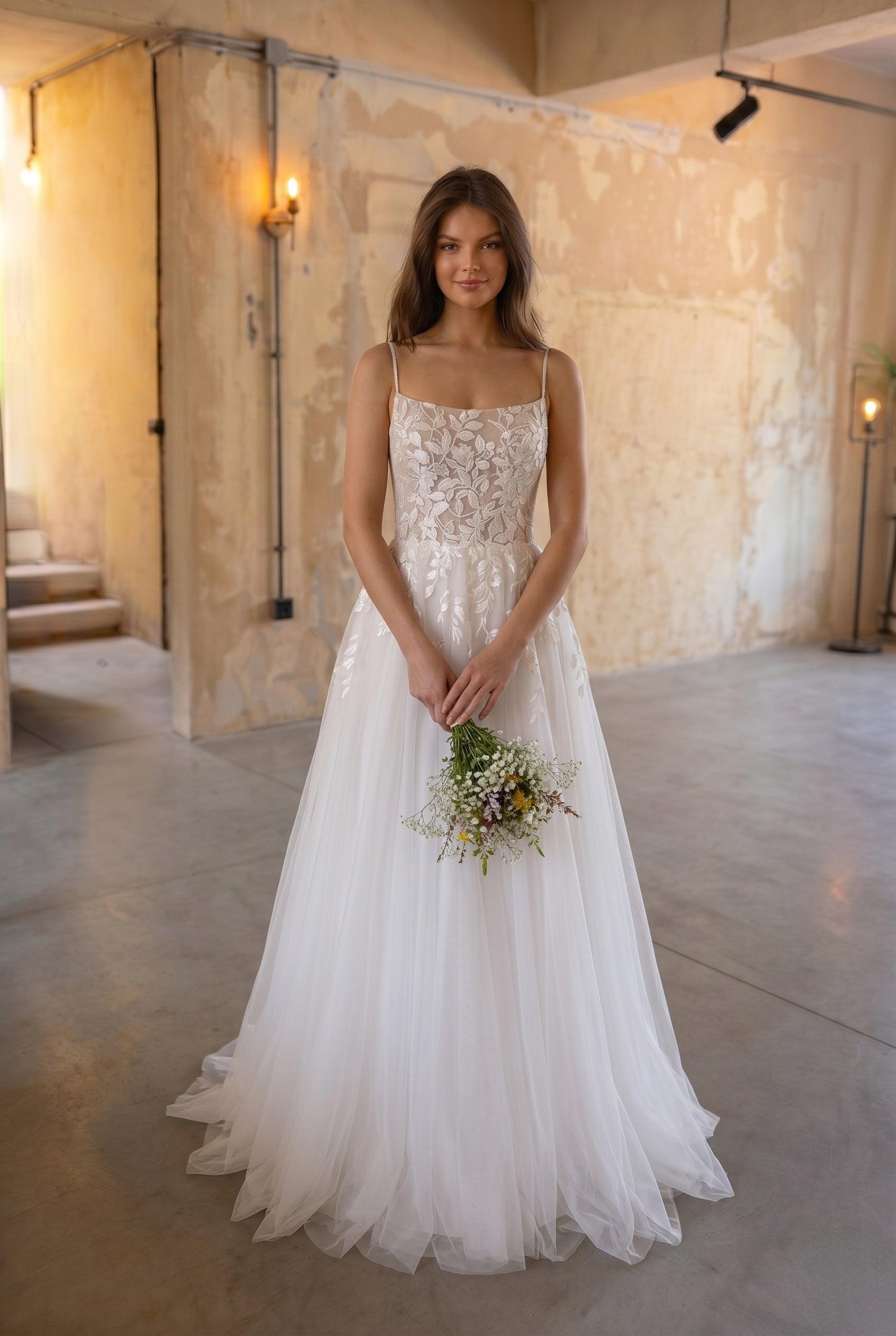 A-Line Sweep-Brush Train Lace Tulle Wedding Dress CW3103