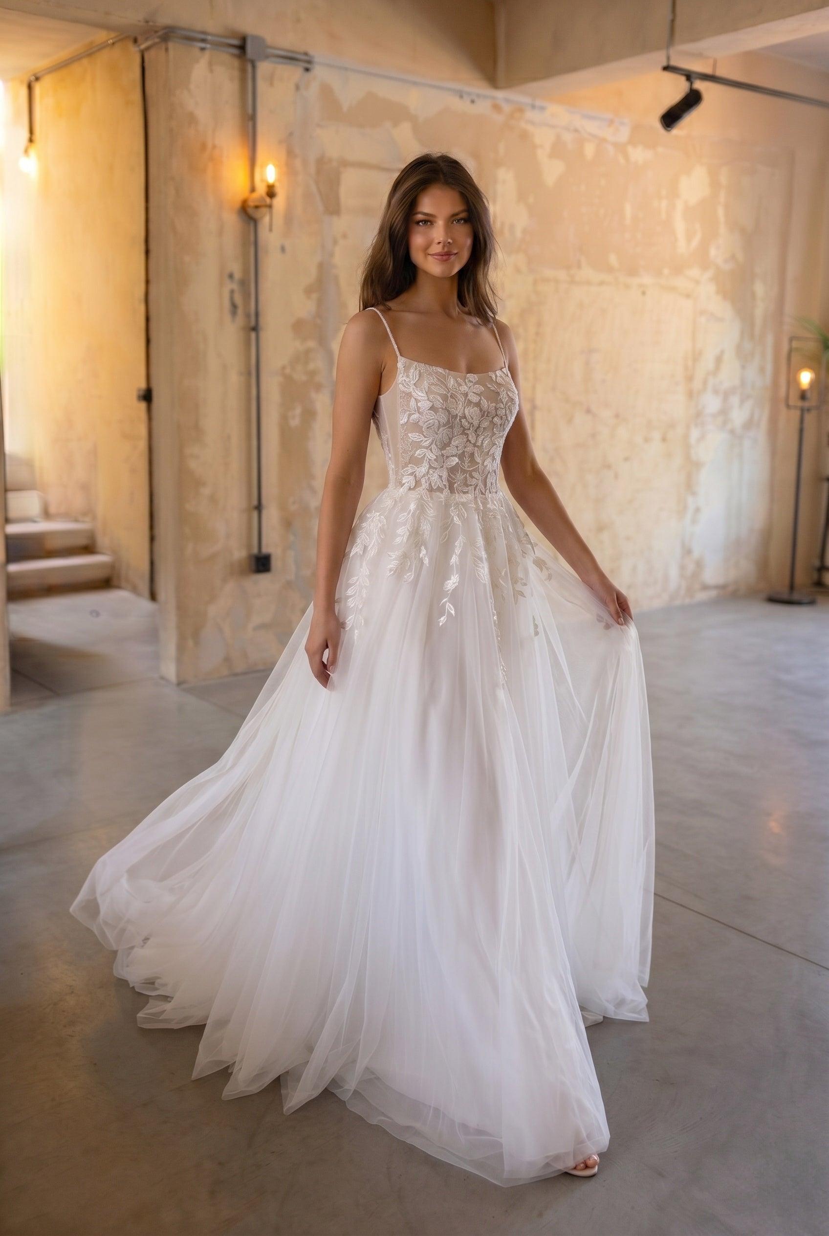 A-Line Sweep-Brush Train Lace Tulle Wedding Dress CW3103