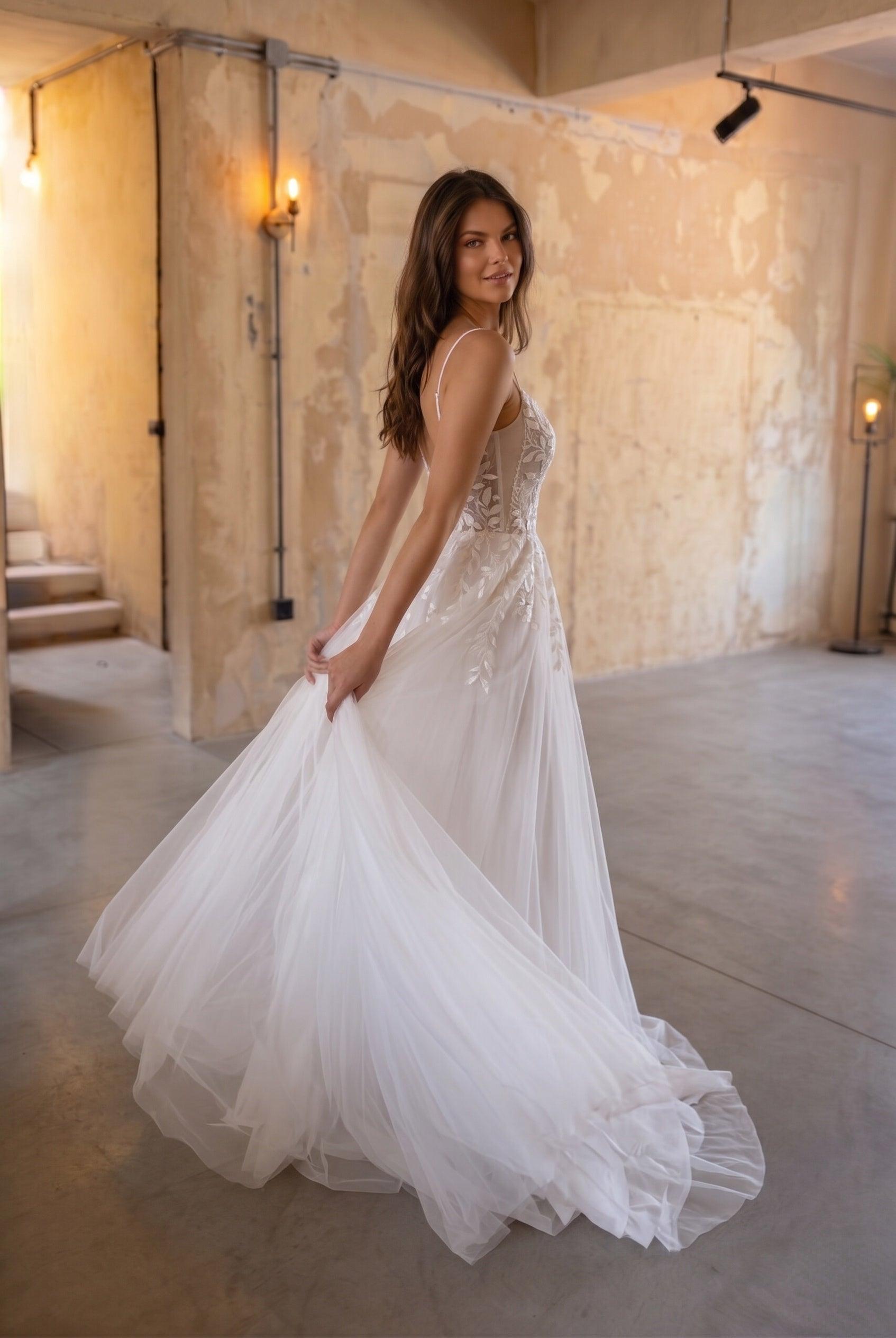 A-Line Sweep-Brush Train Lace Tulle Wedding Dress CW3103
