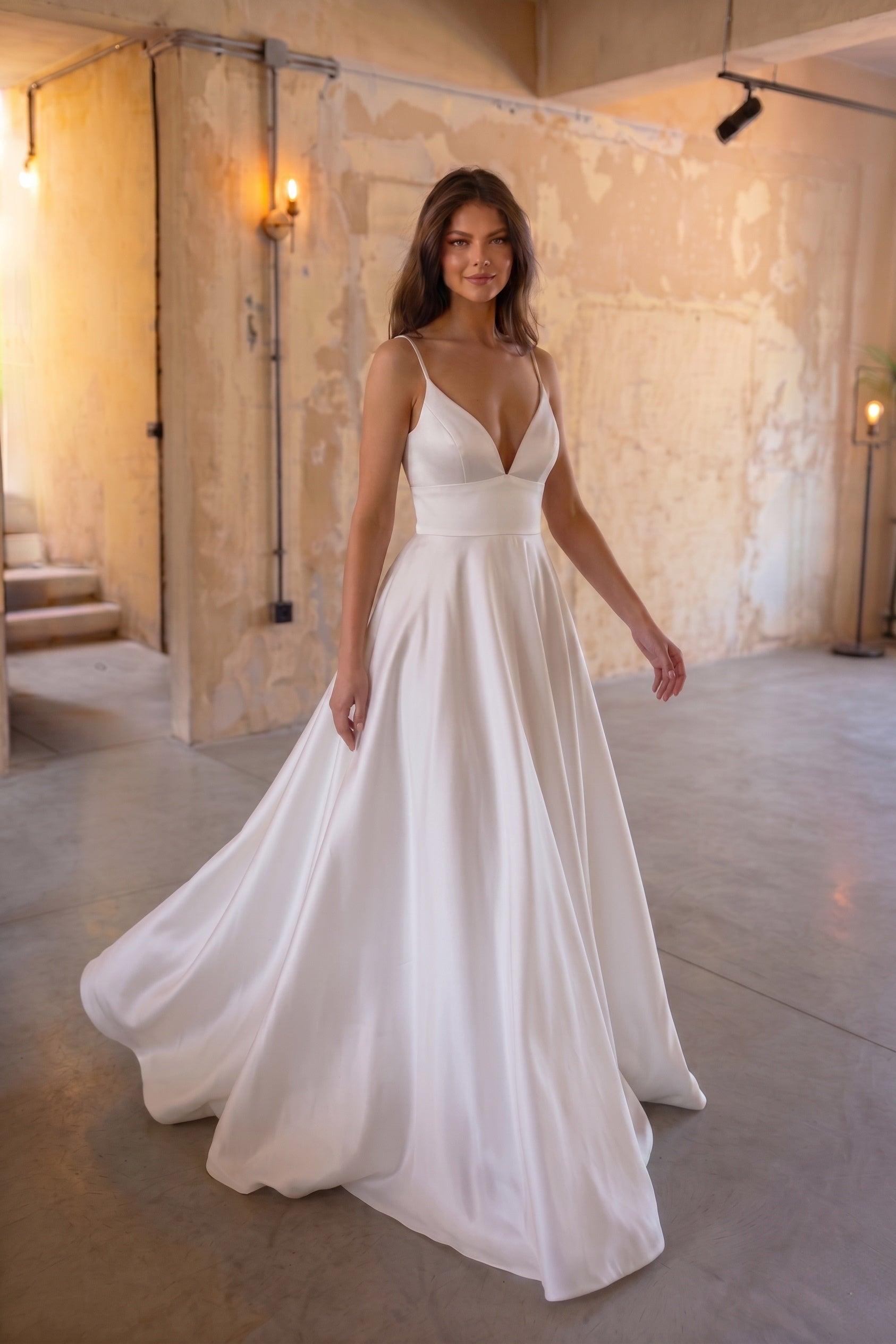 A-Line Sweep-Brush Train Satin Wedding Dress CW3112