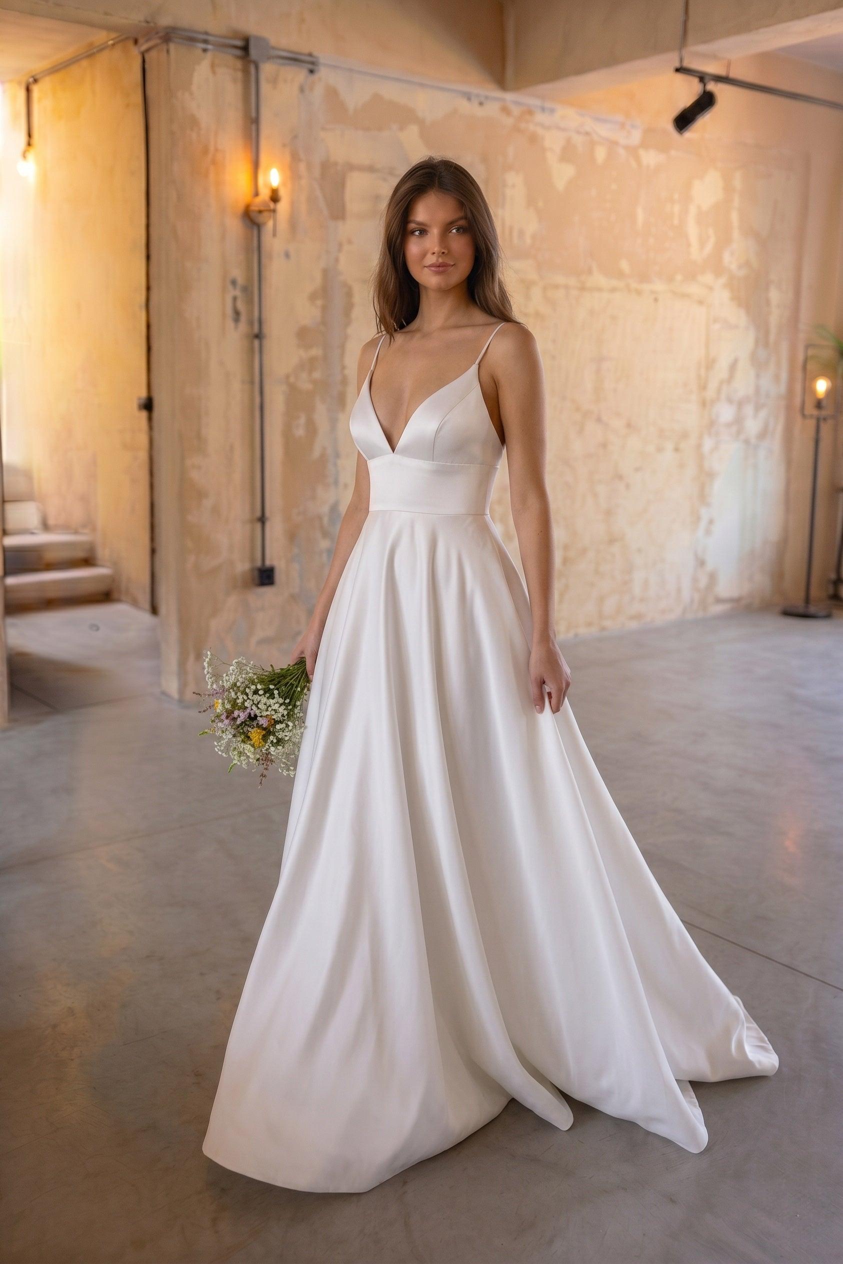 A-Line Sweep-Brush Train Satin Wedding Dress CW3112