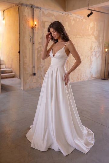 A-Line Sweep-Brush Train Satin Wedding Dress CW3112