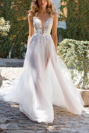 A-Line Sweep-Brush Train Lace Tulle Wedding Dress CW3115
