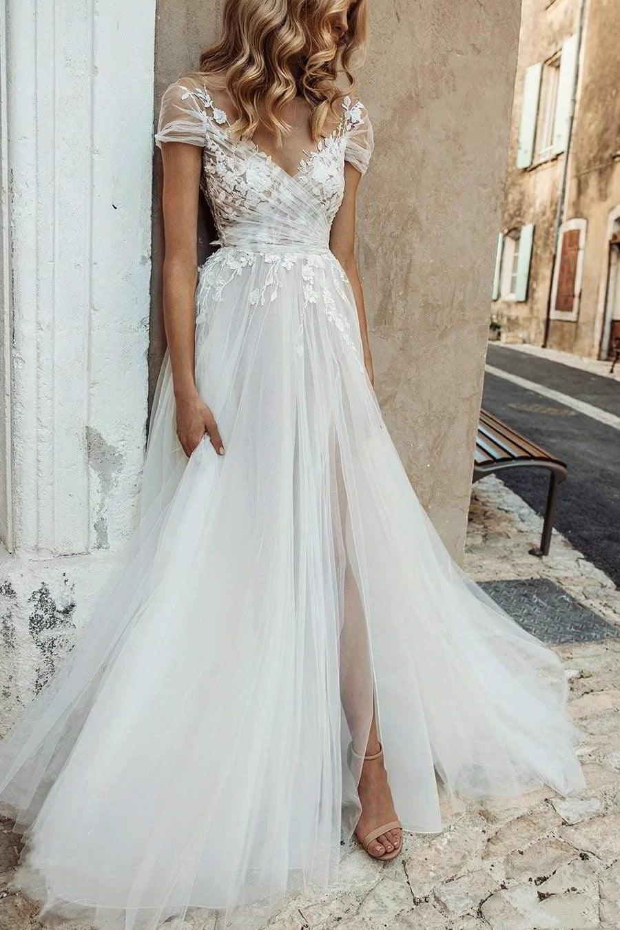 A-Line Sweep-Brush Train Lace Tulle Wedding Dress CW3118