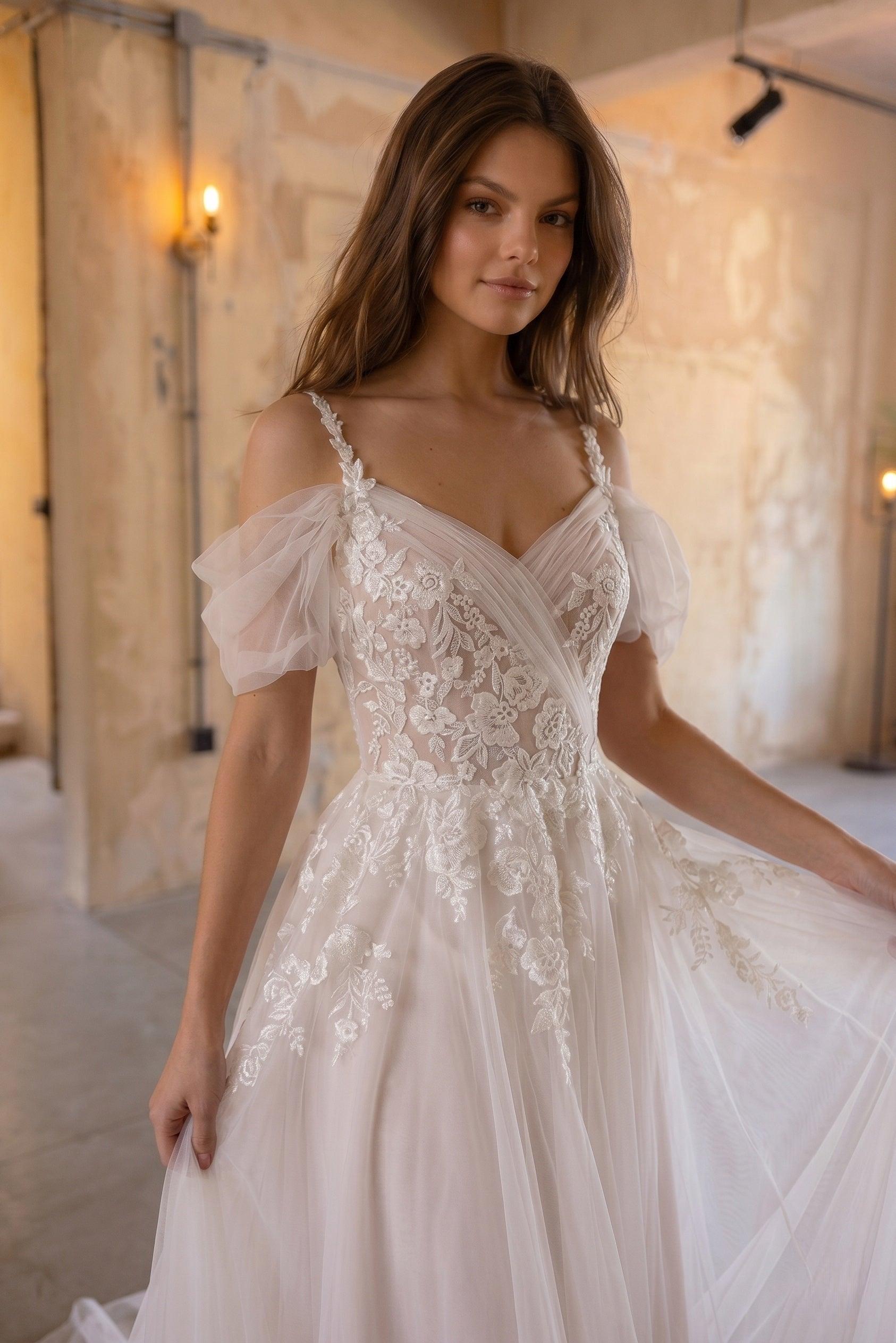 A-Line Chapel Train Lace Tulle Wedding Dress CW3127