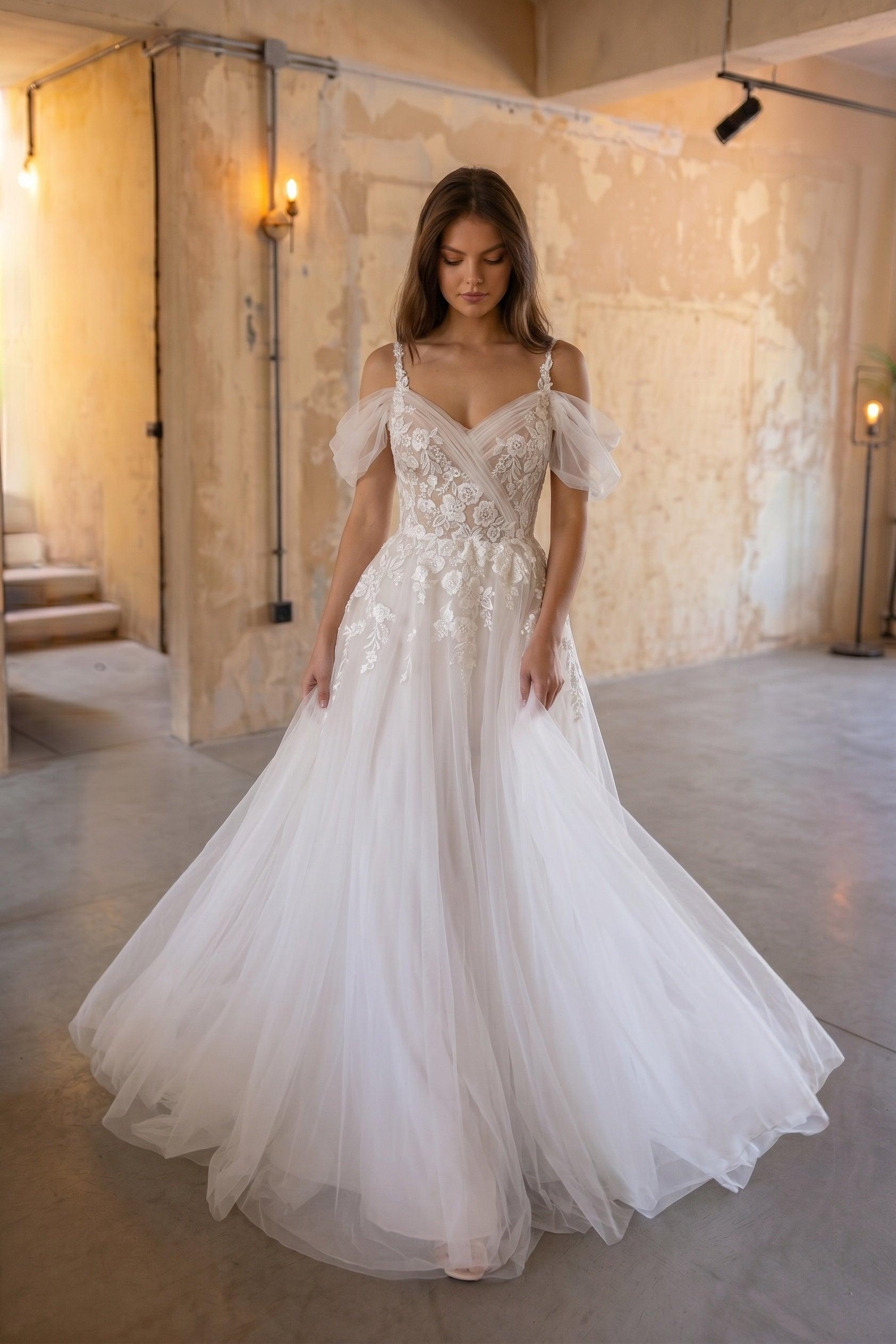 A-Line Chapel Train Lace Tulle Wedding Dress CW3127