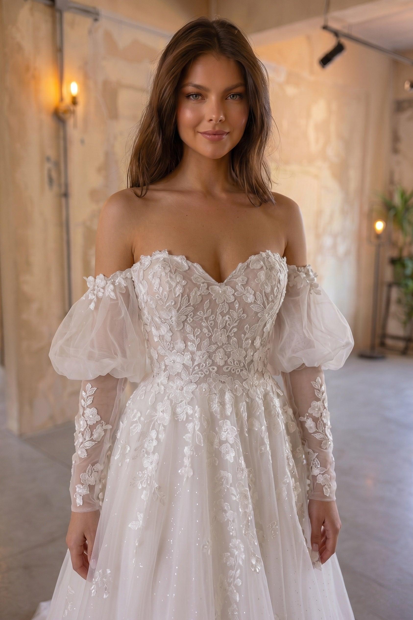 A-Line Chapel Train Lace Tulle Wedding Dress CW3128