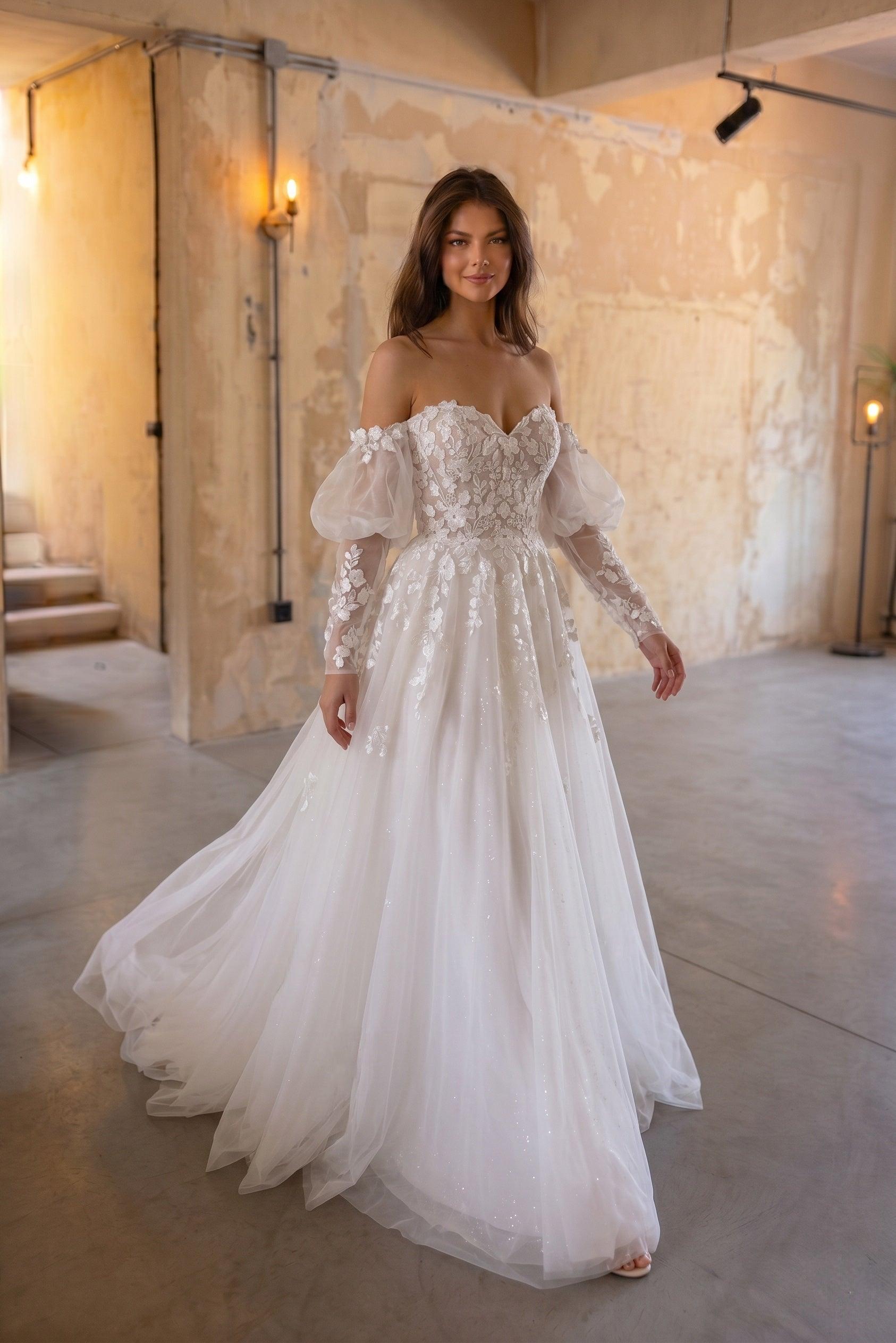A-Line Chapel Train Lace Tulle Wedding Dress CW3128