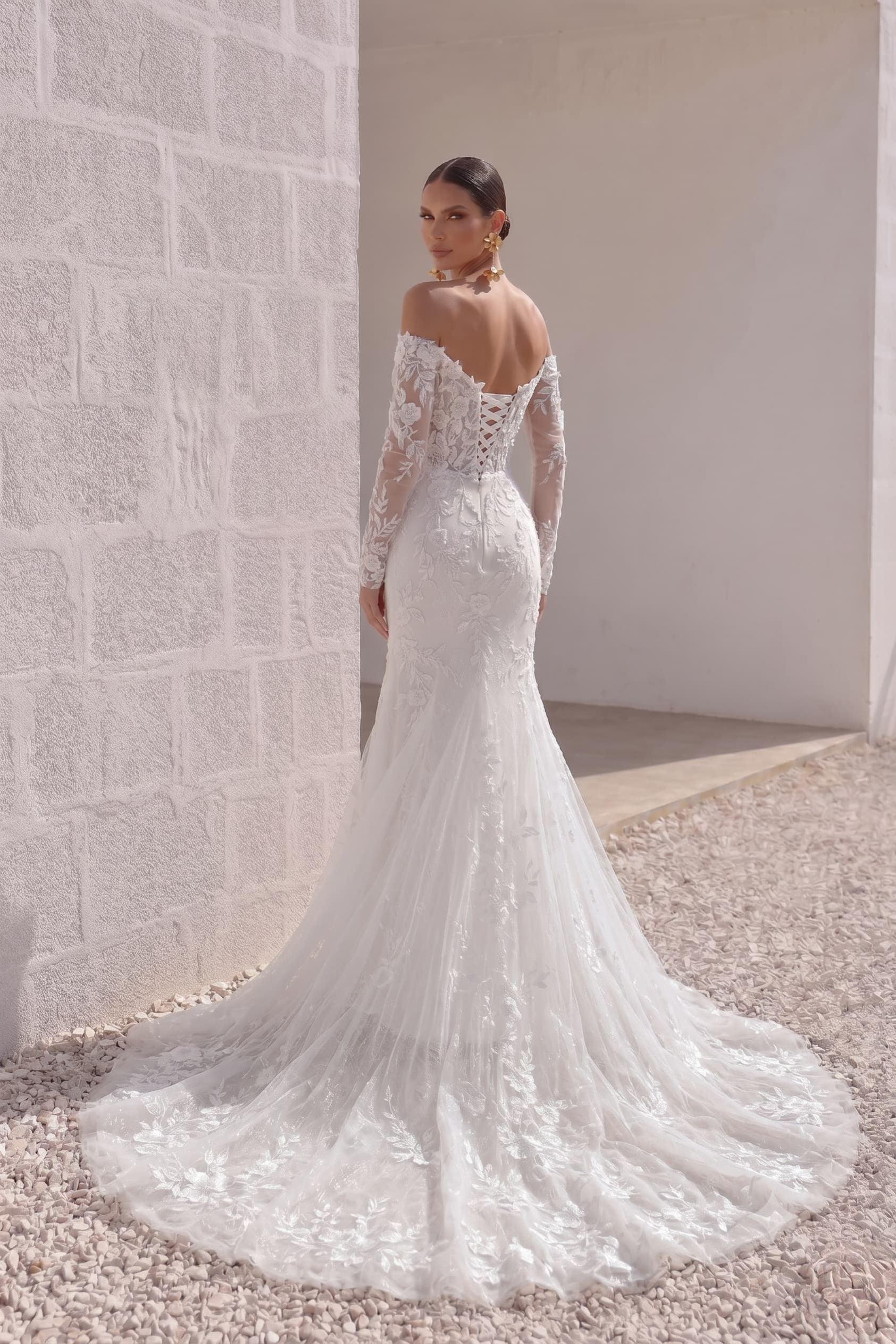 Trumpet-Mermaid Chapel Train Lace Tulle Wedding Dress CW3135