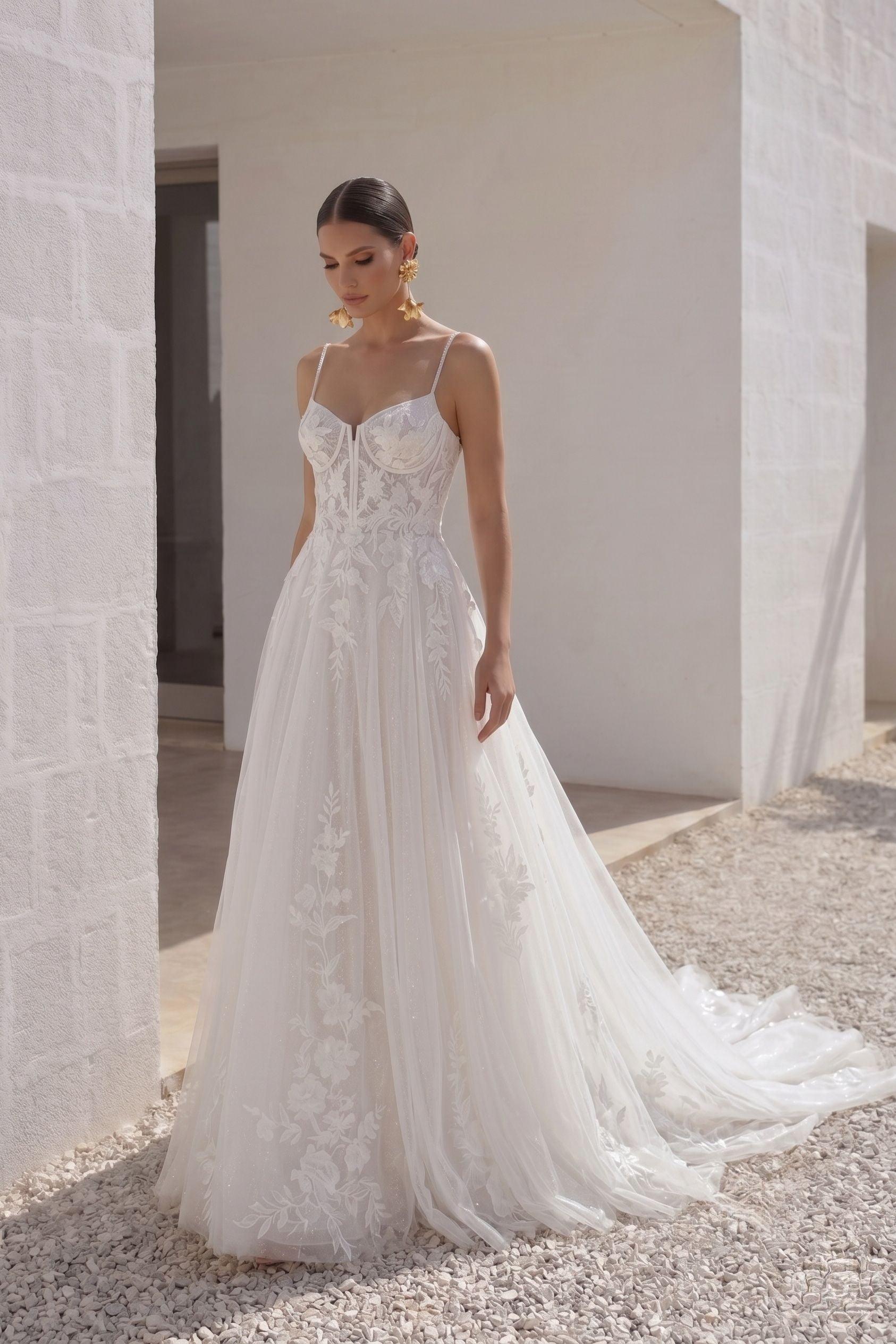 A-Line Court Train Lace Tulle Wedding Dress CW3140