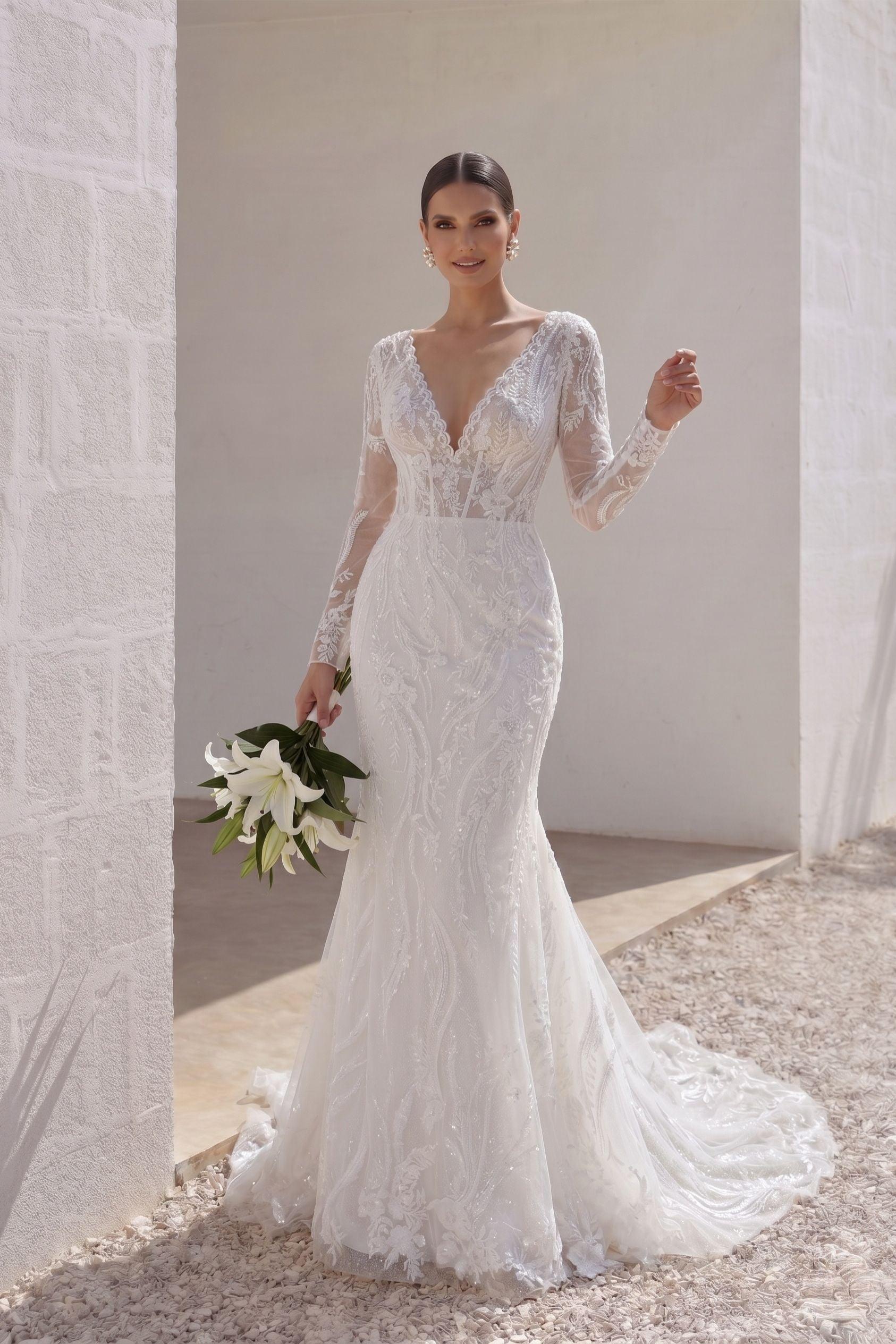 Trumpet-Mermaid Chapel Train Lace Tulle Wedding Dress CW3141