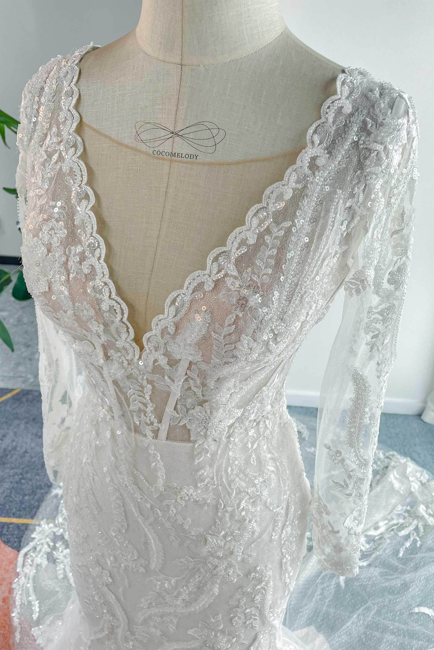 Trumpet-Mermaid Chapel Train Lace Tulle Wedding Dress CW3141