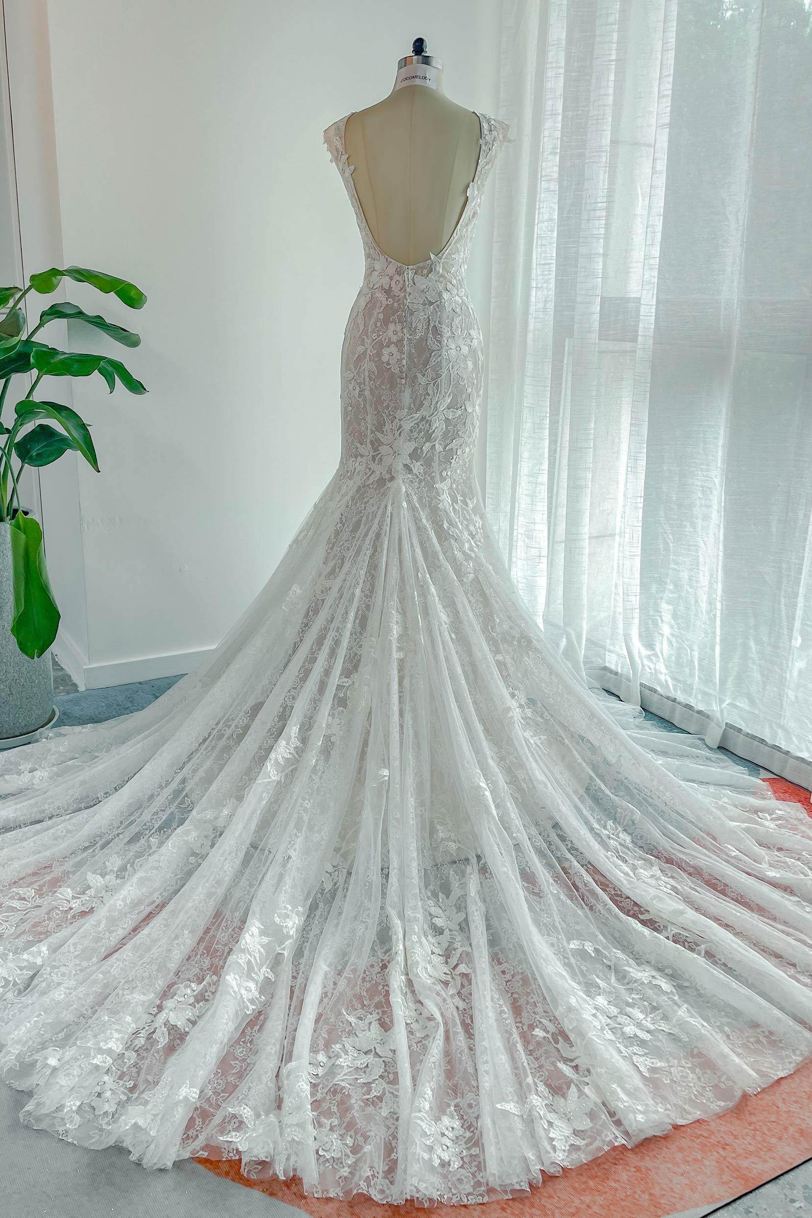 Trumpet-Mermaid Chapel Train Lace Tulle Wedding Dress CW3142