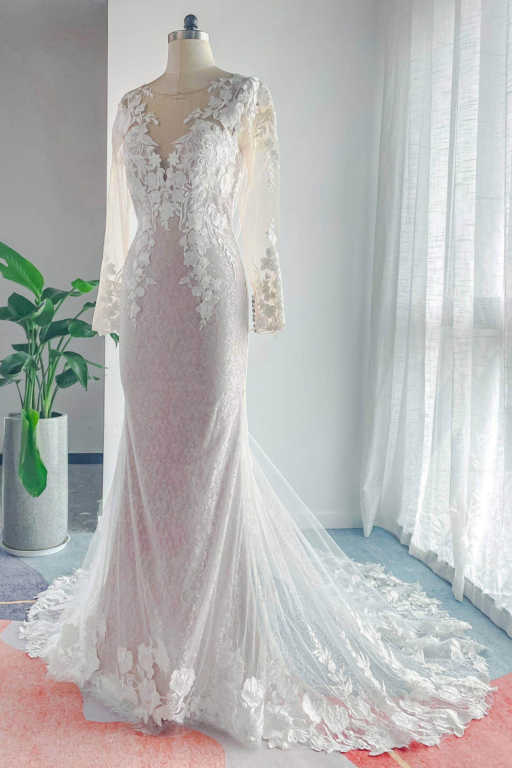 Trumpet-Mermaid Court Train Lace Tulle Wedding Dress CW3143