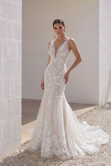 Trumpet-Mermaid Court Train Lace Tulle Wedding Dress CW3144